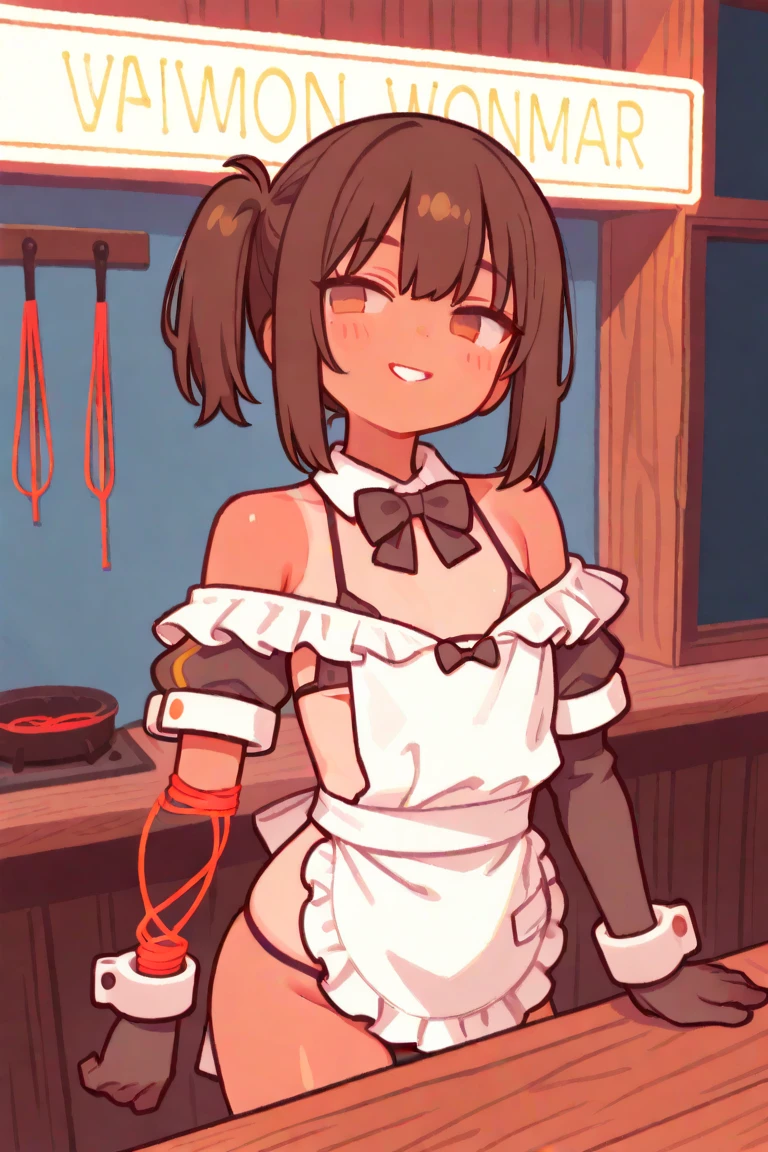 (masterpiece, best quality, ultra-detailed, high resolution, perfect anatomy, detailed, highres, extremely detailed, ultra detailed, very aesthetic:1), (nsfw:1.2), (kyoto animation:1.2), (soft shadows), (high quality skin), (from side, full body), yuuki_yuna, Yuki Yuna is a brave man, (1girl, 独奏, hair ornament, red eyes, hair between eyes, White hair ribbon, bright red hair, side ponytail:1.1), (naked apron:1.3)