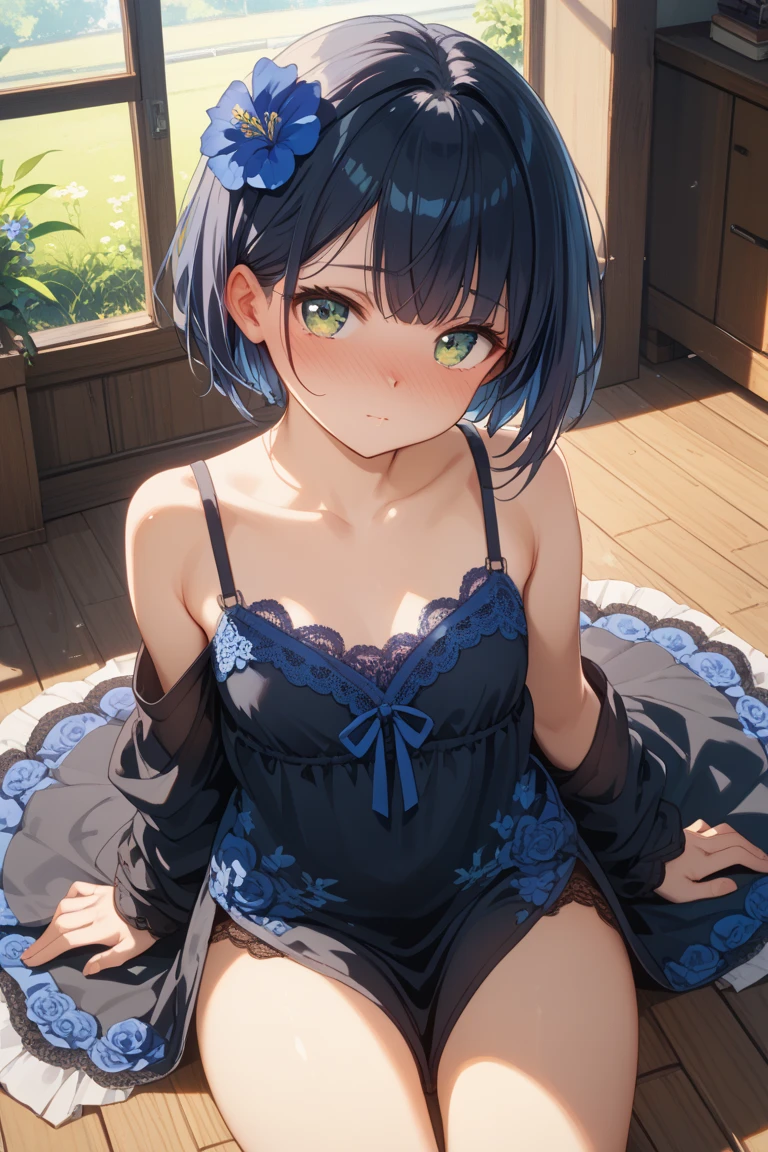 masterpiece, beautiful illustrations, highest quality, pretty girl, 1girl, Bedroom, pastel colour, (two-separated lingerie), cute lingerie, (Spring Green bob cut), bright lighting, sky-blue eyes, presenting, looking at viewer, on bed