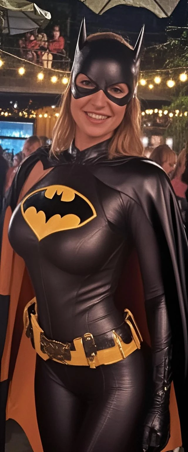 I. Outfit: Lina Belfiore channels the vigilante spirit as Batgirl in her striking attire. Dressed in a sleek, black bodysuit with a golden bat symbol on her chest, she exudes strength and determination. The suit's form-fitting design accentuates her agility and stealth. She wears a utility belt with various gadgets and tools, ready for any crime-fighting mission. Completing the look, she dons a black cape that billows behind her, serving as a symbol of justice.

II. Body: Lina Belfiore captivates with her focused gaze, determined expression, and a athletic physique that perfectly complements Batgirl's iconic costume, blond hair, long hair.

III. Image: A high-resolution, showcasing the iconic costume and her unwavering dedication to protecting Gotham City, looking at viewer, masterpiece, best quality, highly detailed, (Beautiful and detailed eyes), (beautiful and detailed face), Perfect female body, (Best Quality), (ultra-detailed), (master piece), (hight resolution), (Original), (the Extremely Detailed CG Unity 8K Wallpapers).