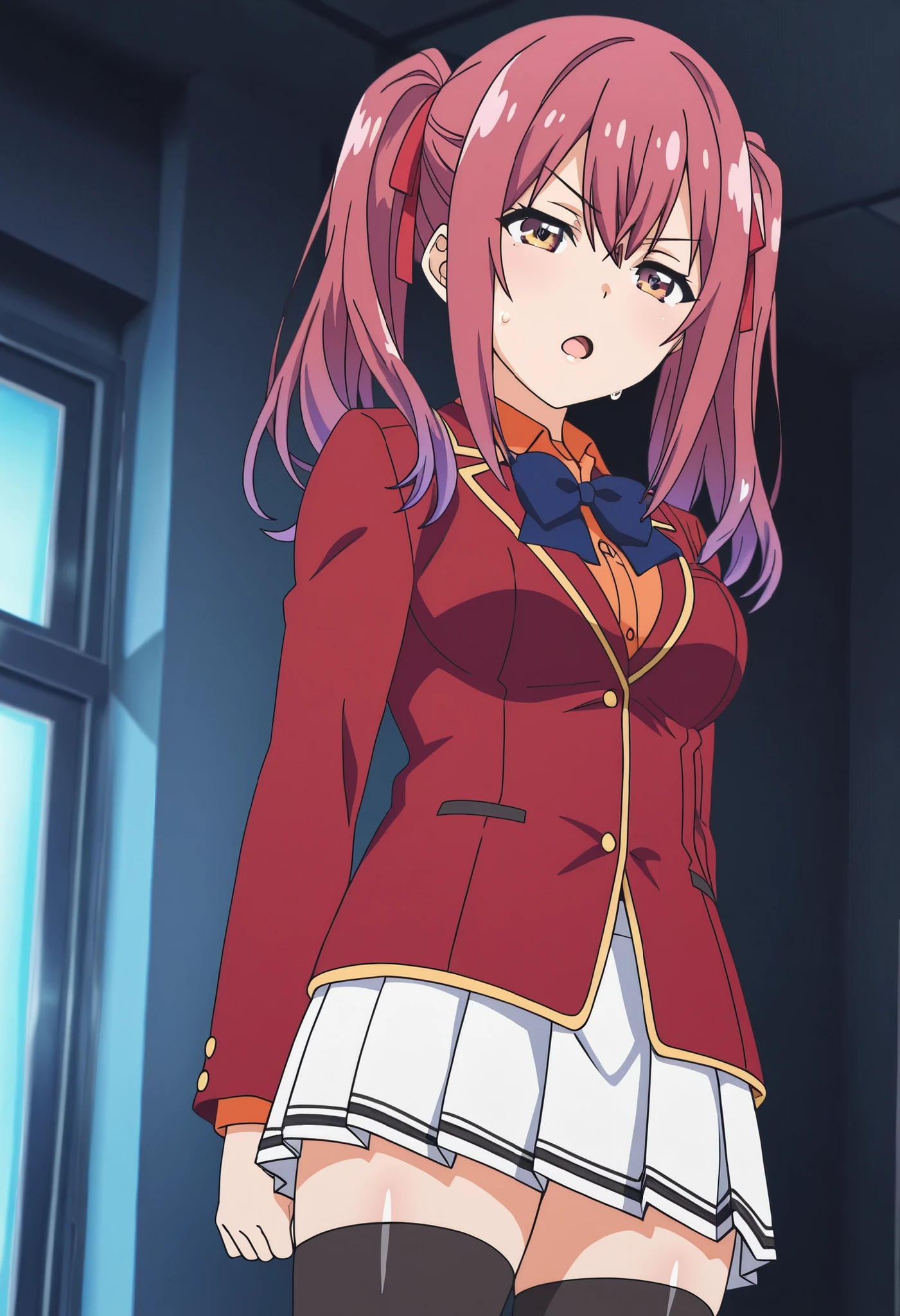 amasawa ichika , ribbon , twintails , long hair , hair ribbon , yellow eyes , purple hair , red hair , school uniform , white skirt , pleated skirt , blazer , red jacket , orange shirt , black legwear , thighhighs , blue bowtie , anime screencap , shiny skin , high quality , solo,a girl , glossy lips , open mouth , cowboy shot , best quality ,raise down fists,from below,in school indoor,dark room,serious ,sweat