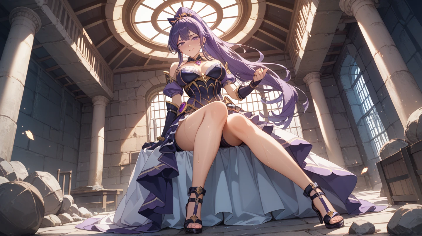 32k, best quality, ultra high res, HDR, UHD, extremely detailed CG, unity 32k wallpaper, (masterpiece, highest quality:1.2), 1 Girl, alone,Are standing_Split, Long Hair, Purple Hair, purple dress, Black Stockings,