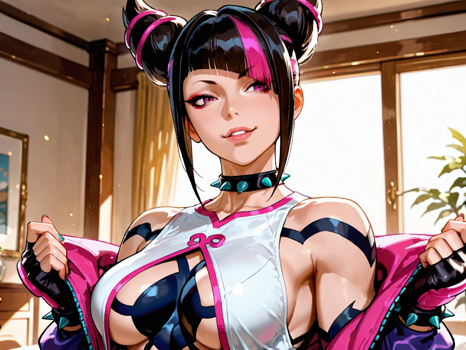masterpiece, best quality, highres, foujuri, baggy pants, black pants, panties, standing, cowboy shot, evil grin, outdoors,(big breasts:1.9),( vagina:2)