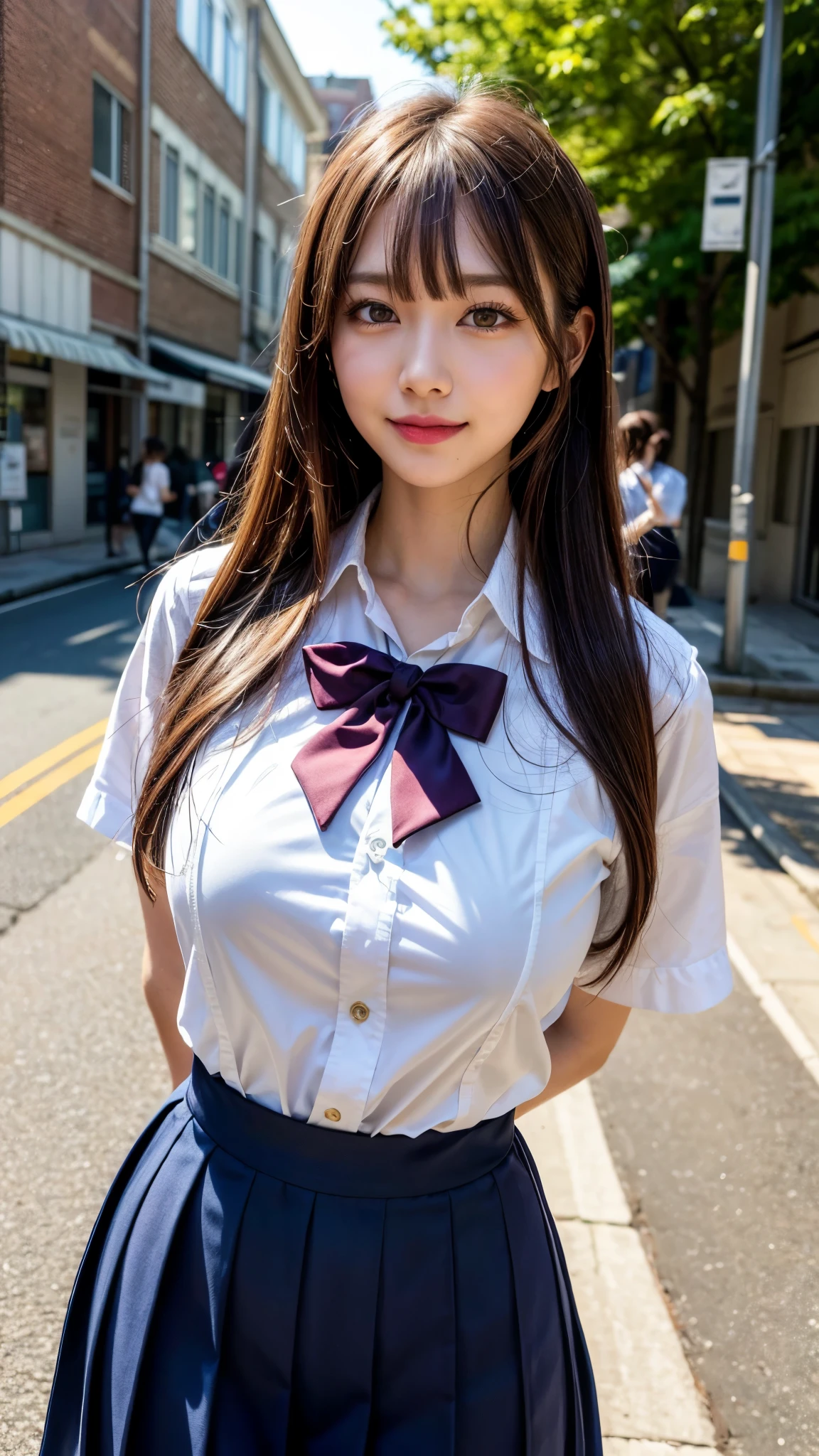 (Best quality,masterpiece,ultra detailed,8K,RAW photo,realistic,high resolution:1.2),(Pretty Japanese girl),(Super huge tits:1.4),(light brown hair),(school uniform,white shirt,pleated skirt:1.4),(voluptuous:1.5),(shoulder length),(light smile),(chubby:1.4)