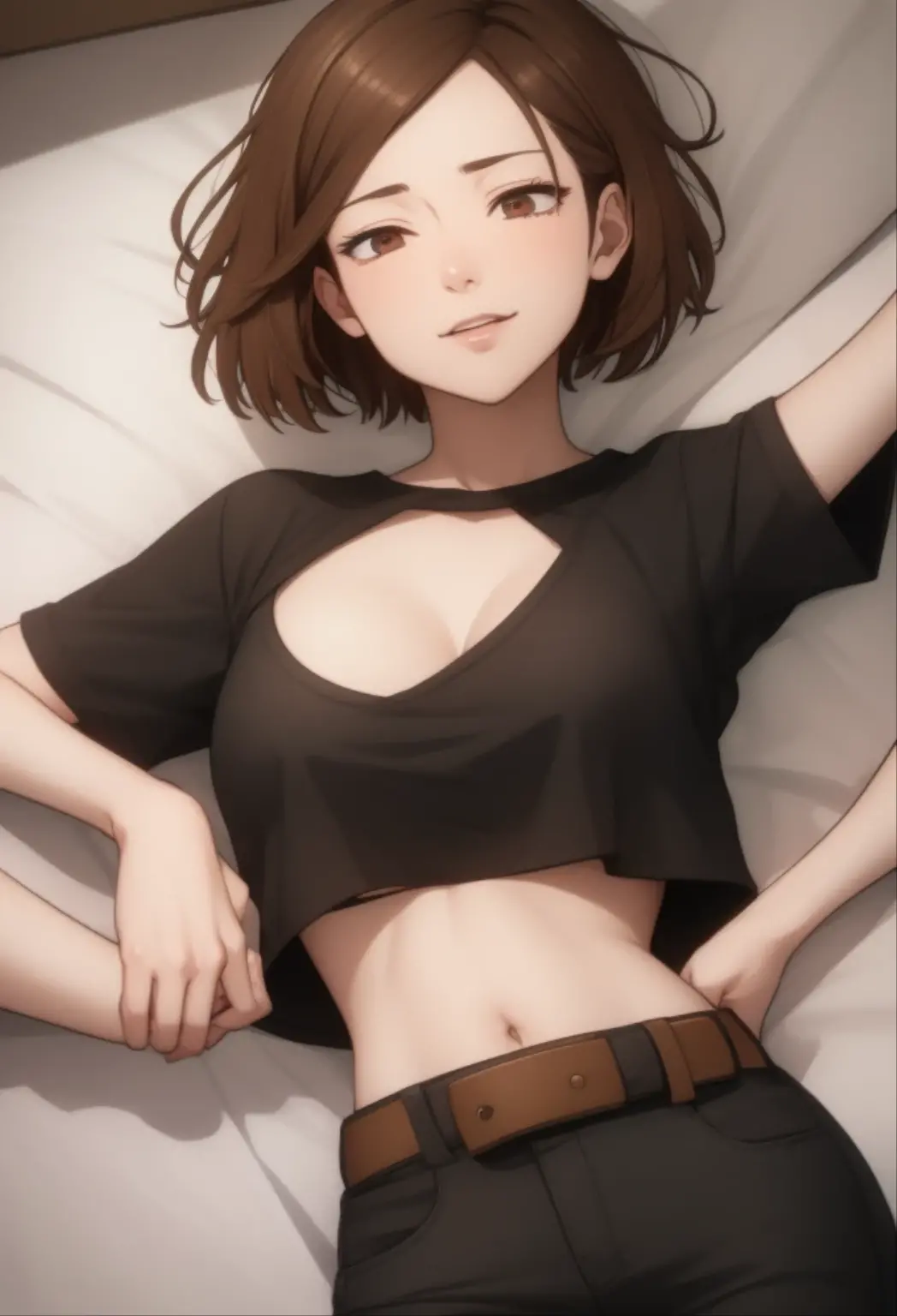 4k, (masterpiece), of the highest quality, 2d, ((NSFW)), (teen anime girl), (medium breasts),white tank top, open green jacket, short hair, choker, Brown eyes, denim shorts, sexy stockings