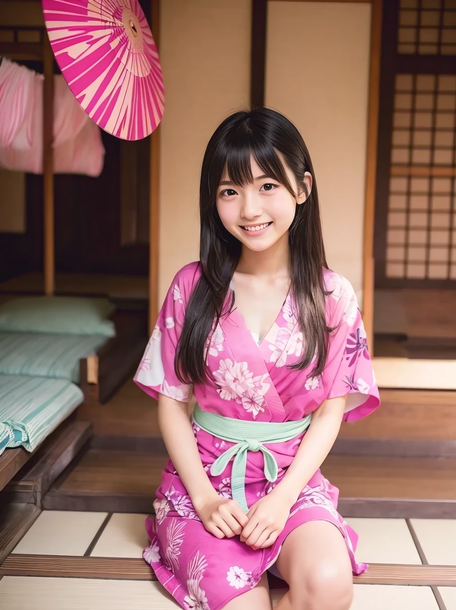 (8k、Raw photography、highest quality、masterpiece:1.2),(black haired、very short hair:1.9),show viewer,Looking at the front,erotic,白いskin,(Wearing a colorful white and pink kimono with a floral pattern:1.6)、(Clothing that emphasizes the shape of your chest、publish one'skin:1.4)、(big breasts:1.4)、slim body shape、ultra high resolution,beautiful,beautiful fece,(alone, alone、no background:1.9),whole bodyボディー,japanese woman,(Photoreal:1.37)、photon mapping,reality、(Baby-faced and cute: 1.0)、(cute smile: 1.7)、(With a round face: 1.8)、radio city、Physically based rendering、depth of field rally background、photograph, (I can see your knees,close up of thighs、short kimono、show white panties:1.4),whole body、super fine