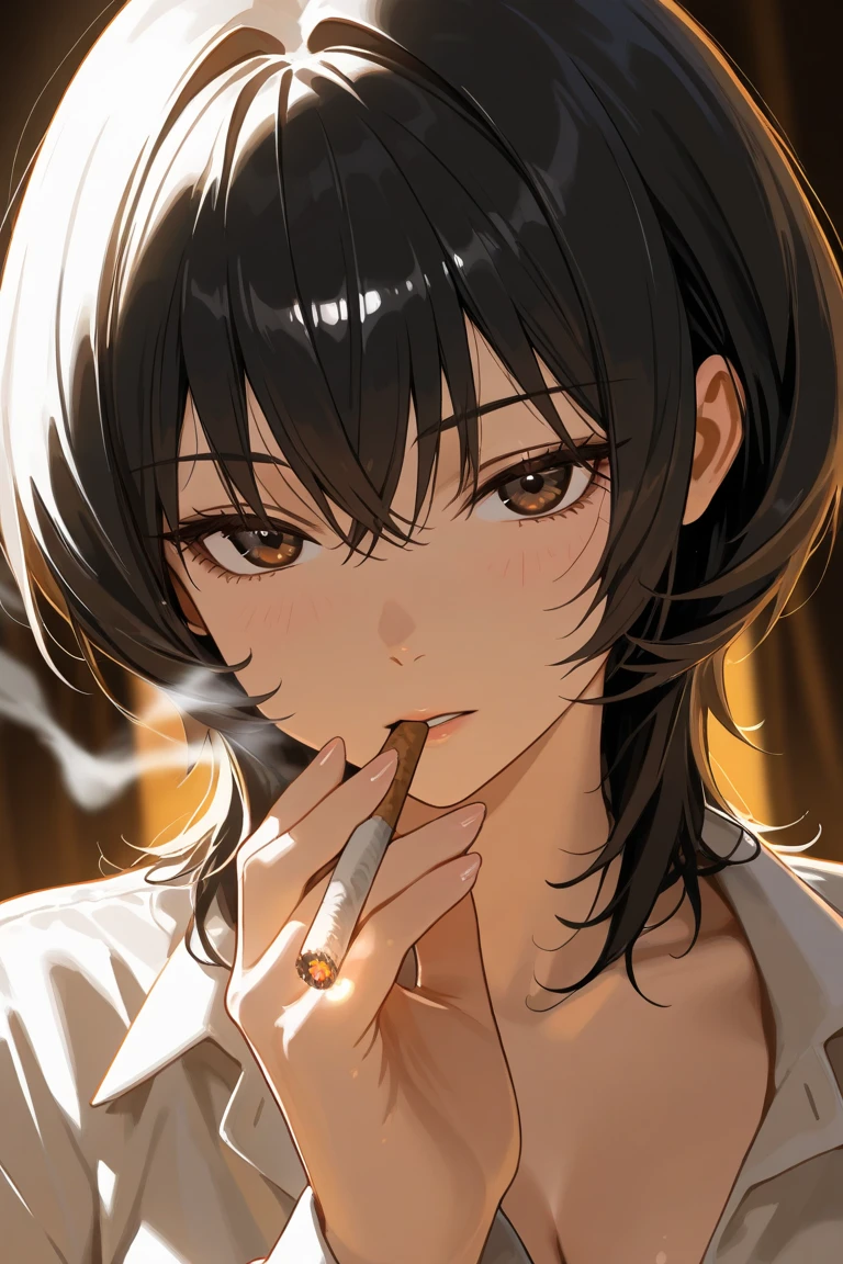 jane porter from tarzan eating cigarette ash, placing cigarette ash on tongue, mouth wide open, tongue sticking out, ash on tongue, on the bed, smoking cigarettes, SMOKE IN MOUTH, lots of cigarette ash, yellow dress