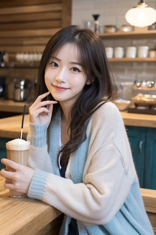 table top, highest quality, Portrait of one girl、date at a cafe、