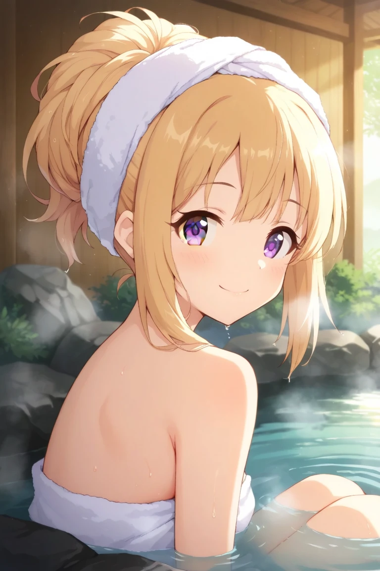 an athletic girl, flat chest, yellow hair, short messy hair, purple eyes, punk, bathing in a hot spring , relaxed