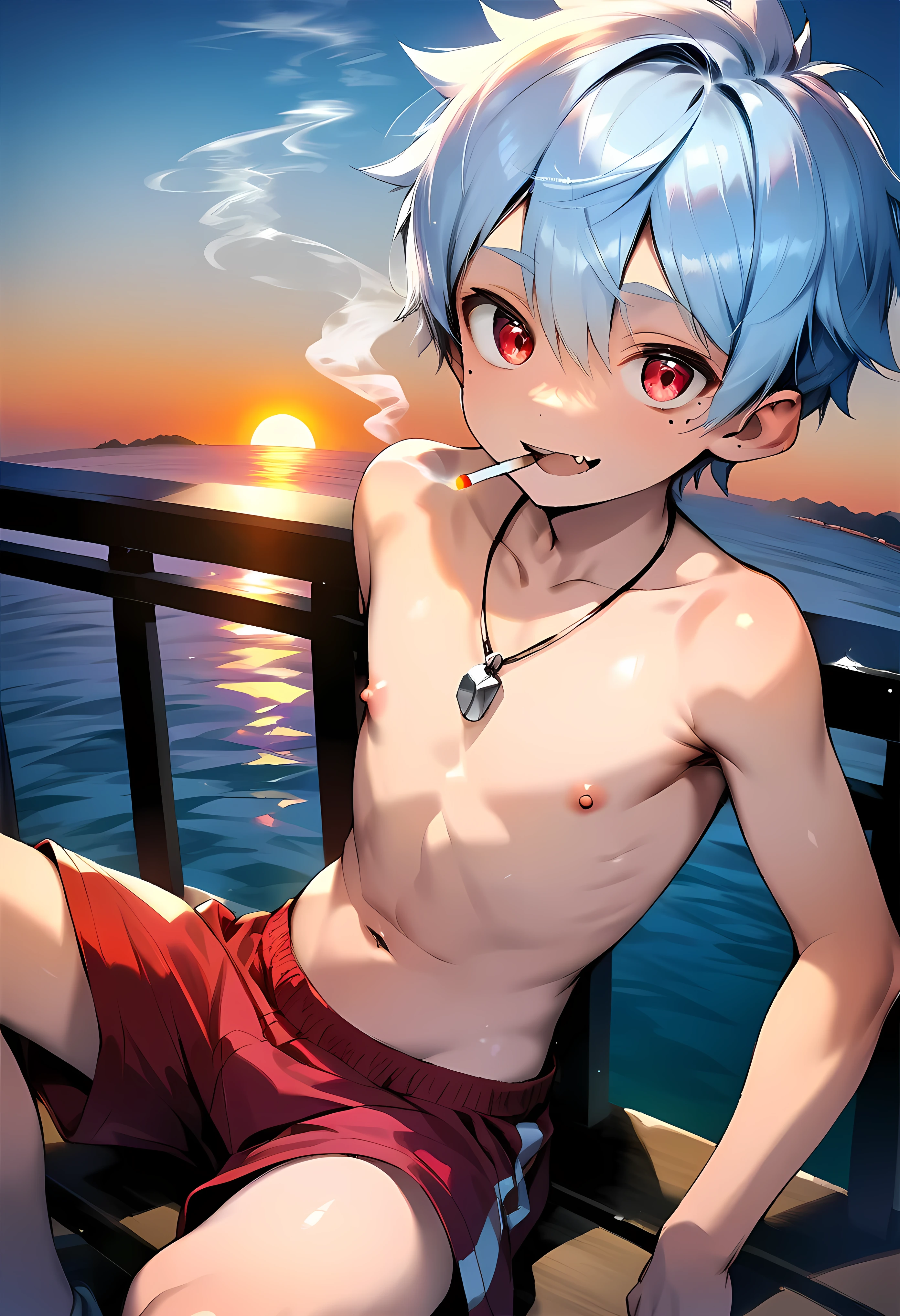 ((solo)), (boldline:-1.6), (smoking:1.6), (((bubble))), (sitting on bench:1.5), (spread legs:1.5), (((fang))), (((best finger))), BREAK (best quality:1.5), (absolutely resolution:1.5), (ultra detailed:1.5), (masterpiece:1.5), (perfect face), (detailed face), (detailed eyes), (best eyes), (cute face), (shota:2), BREAK (topless:1.5), BREAK (red short pants:1.5), (see throgh wet clothes:1.3), (bulge:1.6), (skinny:1.3), (spiked hair), BREAK (light blue hair:1.5), (wine red eyes:1.4), (eyes with highlight:1.6), ((mole under eye)), (sweaty skin), (chuckling:1.5), ((earrings)), (shiny skin:1.3), BREAK (garden), (building:1.5), (at twilight:1.5), ((wind blowing)), ((nipple)), abs, groin,