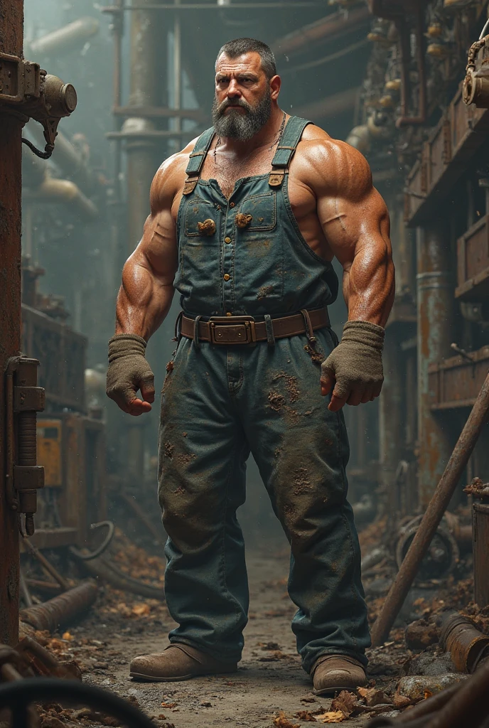 A muscular man holds a mop and flexes his muscles.