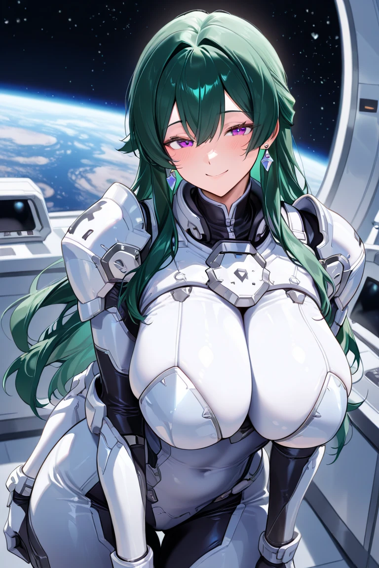 1girl, solo, sci-fi, fantastic, ((green hair)), short hair, large breasts, ((white latex)), very tight clothes, orange eyes, cat ears, smile, looking at the viewer, standing