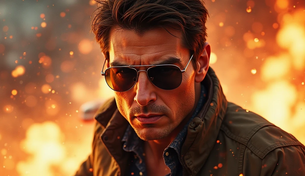 Masterpiece, 4K, High Quality, realistic, contrast, 1man, solo, <lora:Badass_Ikemen:0.8>, wearing a red shirt, necklace, sunglasses, face ultra focus, menacing, explosion in the background