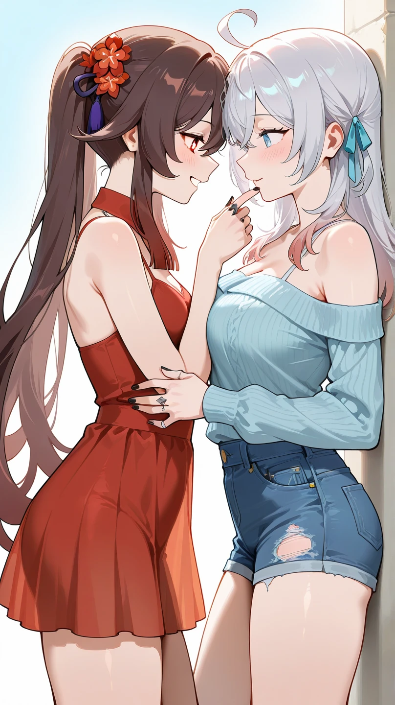 2 heads, a tall skinny woman with 2 heads. In a bedroom. Laying in a bed. Tiny bikini top. Gorgeous face. Cute. Happy. Mature. Flirty. Goth. Messy red hair. Pulling shirt. Seductive. Huge breasts. Thick eyeshadow. Cool, smug expression. Thin lips. Sticking tongue out. Blushing a lot.