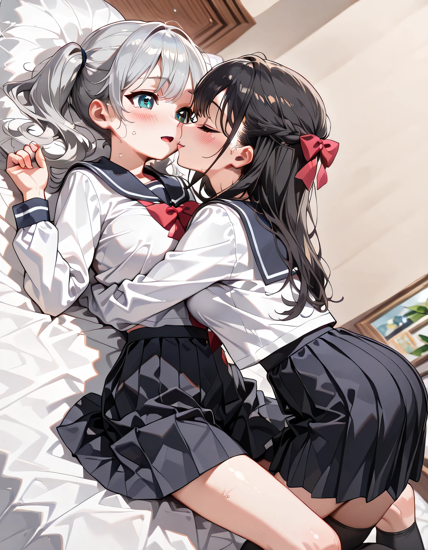 ((ultra-detailed)), (highly detailed CG illustration), (best quality:1.2), ultra-highly detailed, colorful composition, artistic photoshoot, 2 girls, duo focus,cowboy shot, moe anime character, 2 girls, dainty facial structure, baby face, round face, rounded chin:1.2, ideal ratio body proportions, hot:1.3, sweat:1.3, Marika, Sena, facing each other, silver hair:1.3, black hair:1.3, twin tails, black hair bow, black hair, long hair, swept bangs, half updo, aqua eyes, orange eyes, (wearring glasses:1.3), (round glasses:1.3), (thick eyebrows), sound effects:1.3, red neck bow, long sleeves white frilled shirt, navy blue pleated skirt, and black high socks, perfect feminine figure, anatomically perfect, beautiful detailed faces, ample breasts, radiant smiles, playful postures, matching outfits, peace signs, winking, cheerful expressions, lie down on the bed, Marica brings her face closer to the Sena's brests, yuri:1.3, Girls kissing:1.3, hug:1.3, vibrant colors, cute aesthetic, yuri theme, dynamic composition, smile:1.3, happy:1.3, joyful:1.3, from side, best quality, masterpiece, expecting, pink cheek, blush, light pink gloss slip, portrait, depth of field, poured sunlight, sidelighting, shine, lighting, caustics, ray tracing, perfect face, lustrous skin, highly detailed face, highly detailed eyes, perfect face, perfect nose, perfect hair, perfect eyes, perfect anatomy, beautiful hair, beautiful small face, extremely detailed face, beautiful detailed eyes, beautiful clavicle, beautiful body, beautiful huge breasts, leavage, breasts squeezed together, equalize the size of the left and right breasts, beautiful thin thighs, beautiful legs, beautiful fingers, 4 fingers, 1 thumb, lovely, (very detailed background:1.0), (highly detailed background:1.0), intricate details, joyful atmosphere, colorful and sparkling colors palette, chromatic aberration