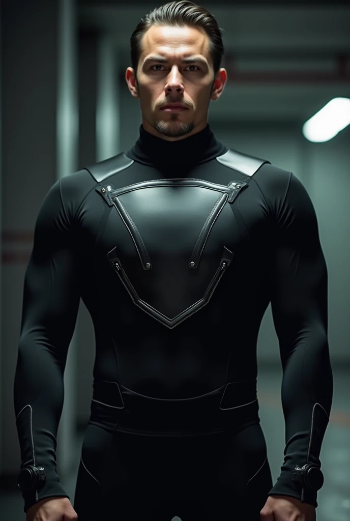 Full body photorealistic handsome hunky young slender futuristic male hero with messy hair wearing a black and green costume with embosed circle on the chest, and wristbands that can super stretch,, Black mask, super Bulge.