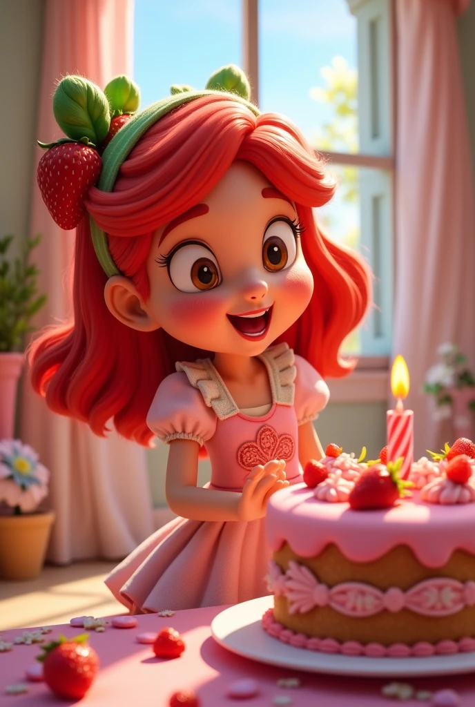 Beautiful woman wearing pink lipstick smiling with a pink cake in a birthday party setting