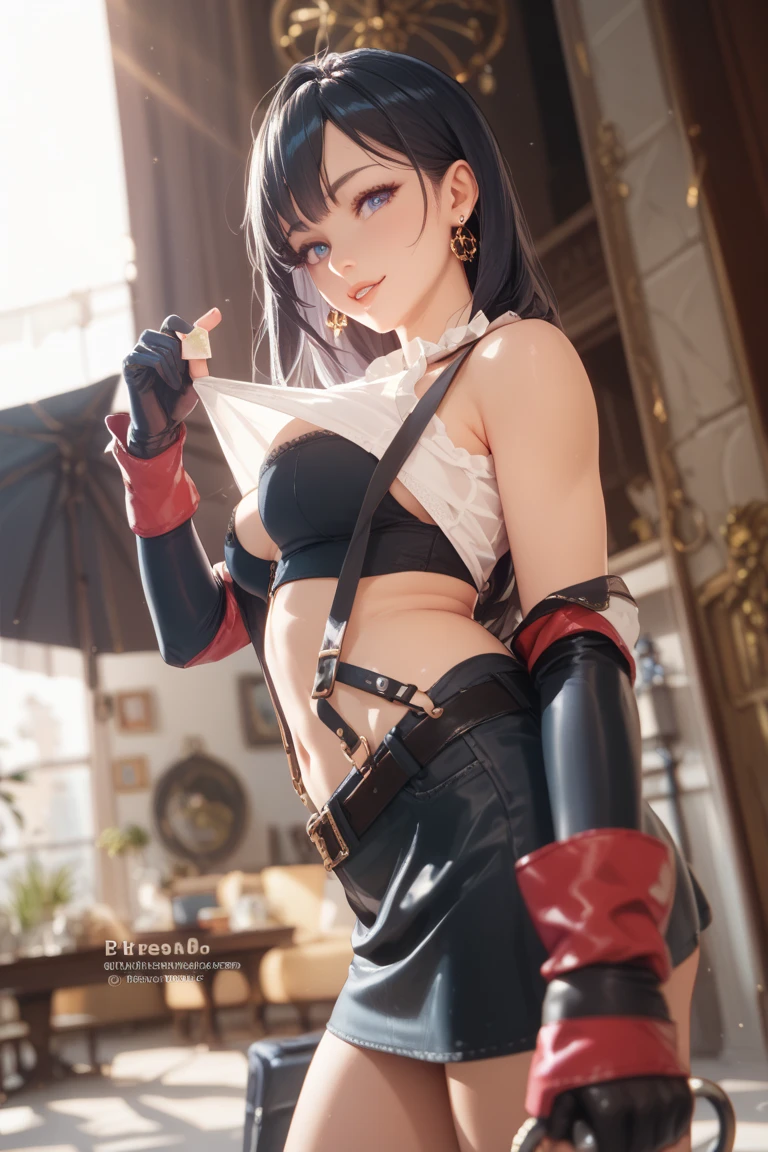 Eliza from Tekken, in a black bra with a blouse falling over her shoulders, sexy black panties, looking to the side, sensual look, in a doggy style position sticking her butt out, soft orange light over the room at dusk