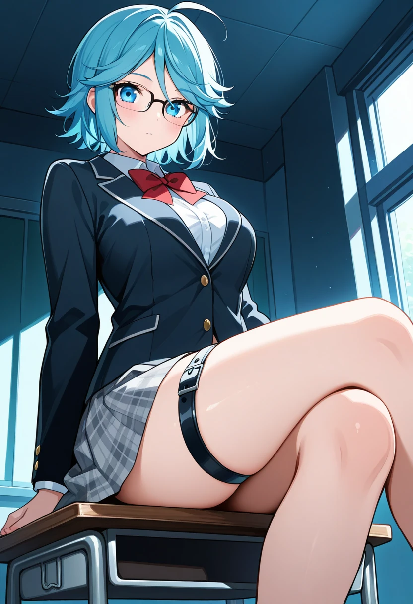 <lora:flat2:-1>, best quality, masterpiece, a mature woman, (schoolgirl uniform), (smile face), terracotta color hair, shiny skin, huge long wide breasts, spread legs, crotch, sit, thick, curvy, (underwear),