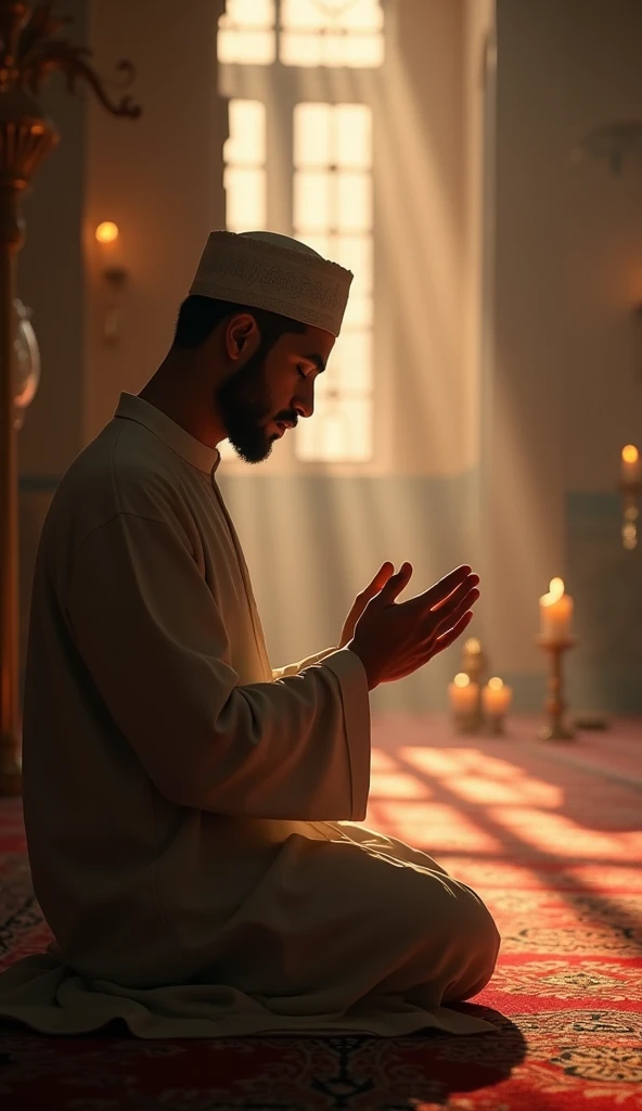 3d pixar style of A Muslim man praying in a modest room, dressed in simple clothes that cover from his navel to his knees. He is deeply focused on his prayer, the room is softly lit with minimal decor, evoking a sense of peace and devotion