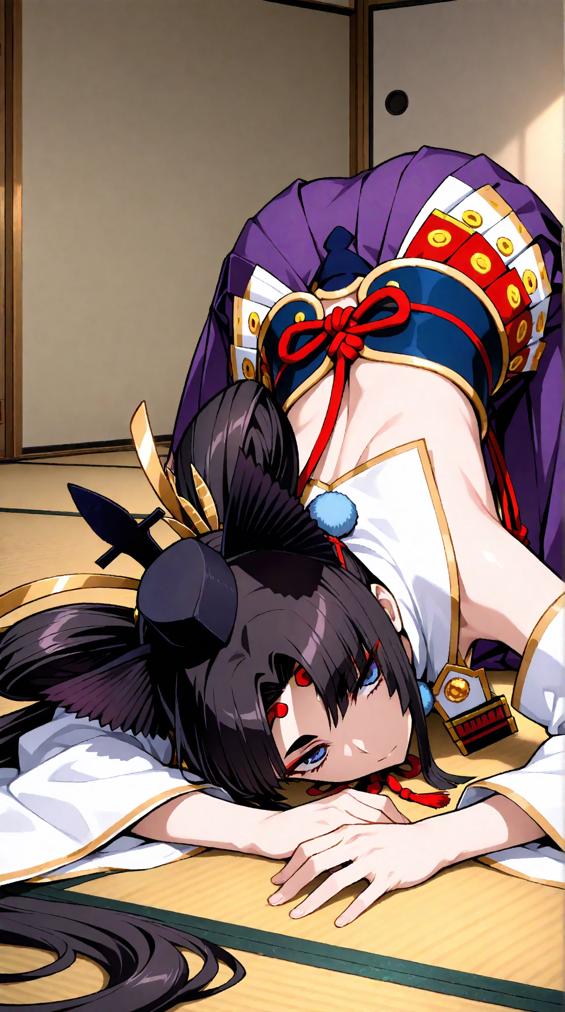 two girls with big breasts、Lying down position、brown hair、black hair、brown eyes、smile、long hair、dog ears、Kimono Maid Clothing、slipper、belt、Bed、Japanese style room
