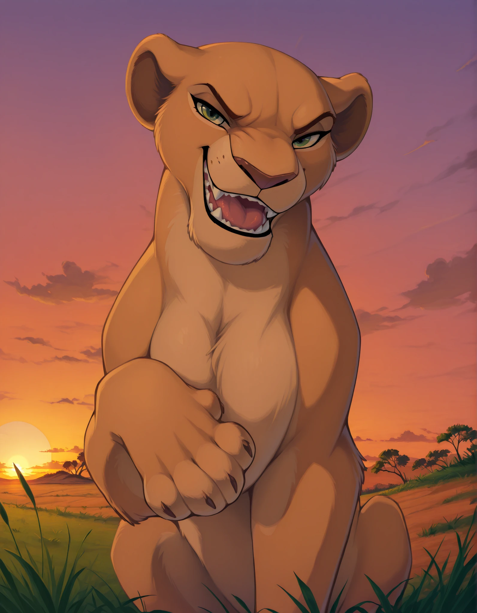 solo, Lioness, Feral, all fours, smile, open mouth, tongue, sharp teeth, grin, (looking at viewer, sitting, africa, sunset, grass, front view, detailed background, upper body, narrowed eyes, 4 fingers, paws, hand on own chest, angry