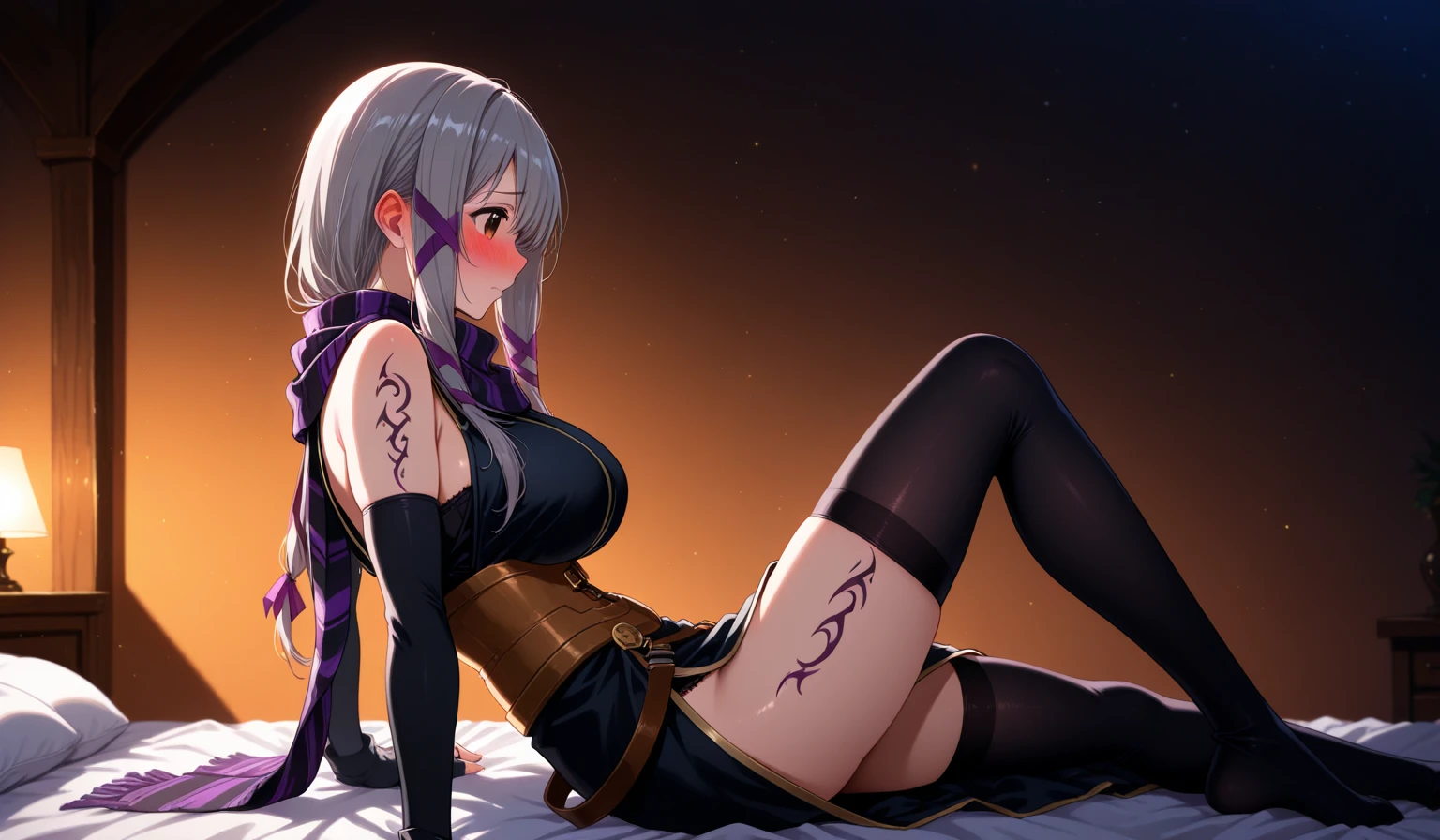<lora:clairlasbard-nvwls-v1-final:0.9>,masterpiece, best quality,1girl,clair lasbard,grey hair, long ponytail,hair ribbon, striped scarf, black dress, corset, belt, thigh boots,sideboob,large breasts,blush, lying,on back,crossed arms,on bed, cowboy shot,