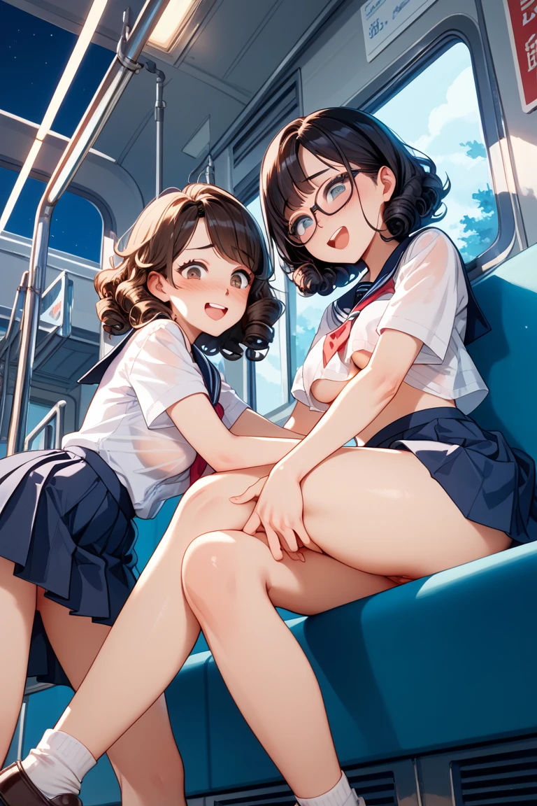 (((masterpiece, highest quality, High resolution, 超High resolution, Perfect Pixel, Depth of written boundary, 4K, RTTX 10.0))), Beautiful Anime Woman, Beautiful art style, Anime characters, ((Smooth texture, Realistic texture, Anime CG Style)), Exact finger count、Exact number of legs、(Exact number of arms:1.0, Exact number of hands:1.0), (Perfect hands, Perfect Anatomy), Cinematic, Realistic, Extremely detailed CG, Daytime lighting, Perfect lighting, Best Shadow, The best natural light, whole body, Perfect body, (Slender body:1.2), ((Long Hair, bangs, Dark brown hair, おしゃれでcute整った髪型)), ((4人のcute女性は横に並んでスカートをめくって立っている:1.6)), beauty, cute, (Fashionable white shirt, Sailor collar, Knee-high socks, loafers, Pleated mini skirt:1.3), ((セクシーでcute下着:1.3), (Stylish shiny satin panties, Side-tie panties, Thin panties:1.3), White panties, Pink Panties, Light blue panties, Blue panties:1.3), (Beautiful and big breasts:1.2), (Beautiful and thin thighs:1.3), Feeling embarrassed, (blush:1.2), (Very embarrassed look:1.4), (In a crowded train, Angle from the front:1.3), whole body