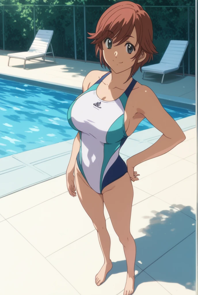 ((masterpiece)),((best quality)),ultra-detailed,illustratio,Explicit,nsfw,Beautiful body,Beautiful Nose,Beautiful character design,perfect eyes,perfect face,wallpaper,ultra highres,8K,photography,(Beautiful, large breasts:1.2),(beautiful face:1.2),(beautiful legs, perfect legs),full body,(meitantei conan \(style\), detecive conan \(style\), meitantei conan),shiny skin,anime screencap,looking at viewer,official style,Suzuki Sonoko,1girl,solo , brown hair, shirt hair, blue eyes,School swimsuit, tight swimsuit, wet swimsuit, Pubic hair, Rich pubic hair, looking at viewer, big forehead,anime coloring, swimming pool, outdoors, hotsun, front hair, bangs, thigh exposure, blushing face, shameful face, orgasm, horny look, standing, masturbates