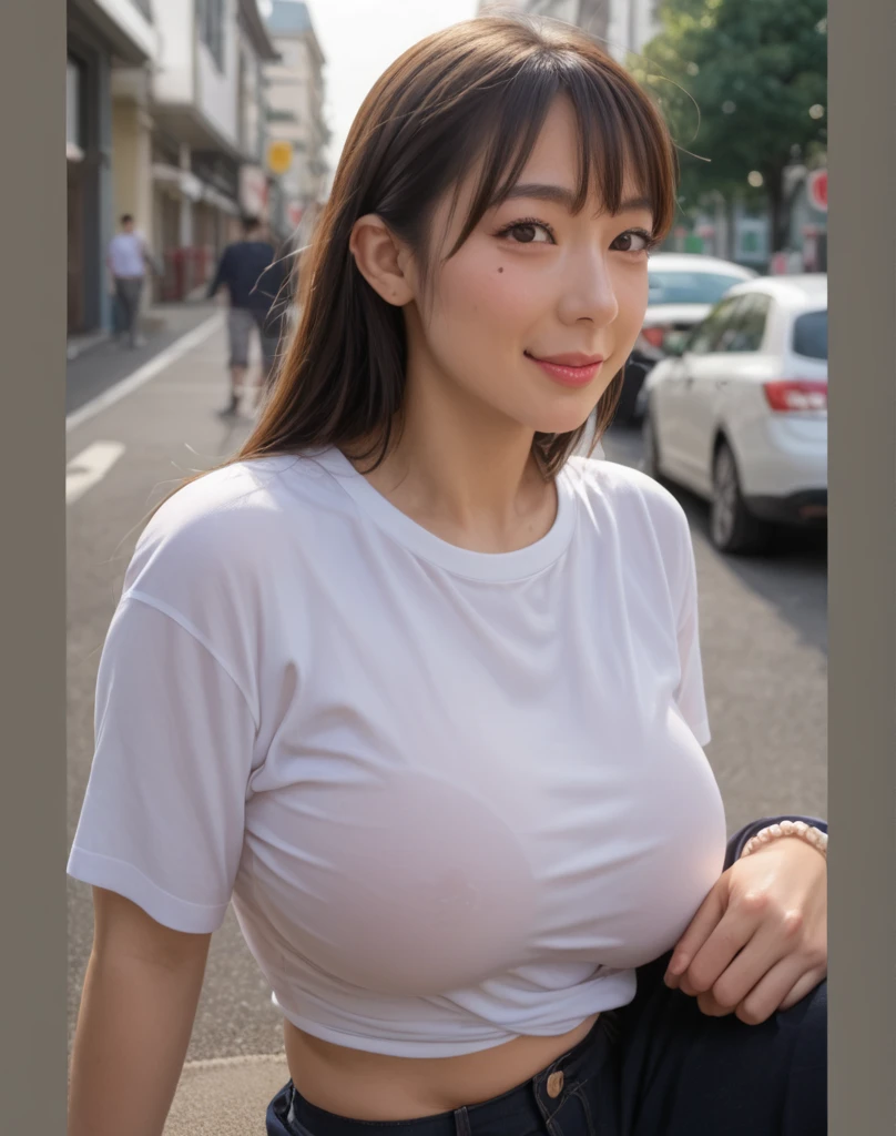((Beautiful Face:1.4)), (Purelos Face_v1: 1.0), Half Body,((White simple background)),Highest quality, masterpiece, Ultra-high resolution, (Genuine: 1.4), Original photo, 1 girl, Iris, Looking at the audience, Long Hair, Heavy makeup, lips, Small ears, White T-shirt, Denim shorts, Earrings, slim, Neat, garden,((Natural big breasts:1.6))