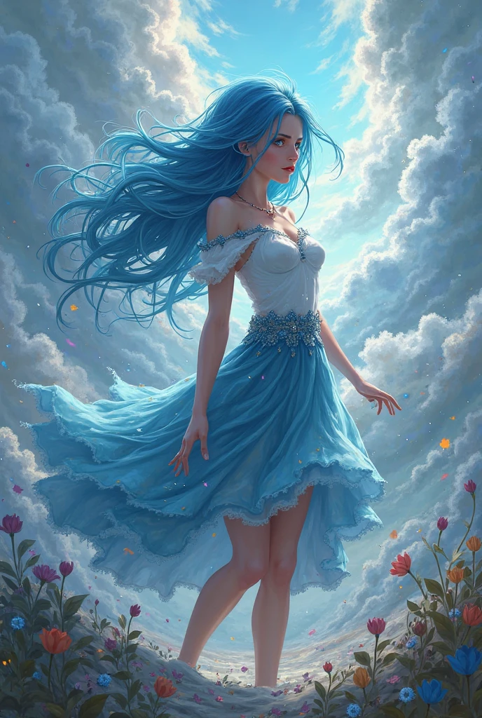 cloud goddess with a green and blue string wrapped around her arm and blue long hair, she is white, has make-up on her face, blue dress and have a green eyes and standing beside a clouds
Dark blue string rope in her arm green string in her arm