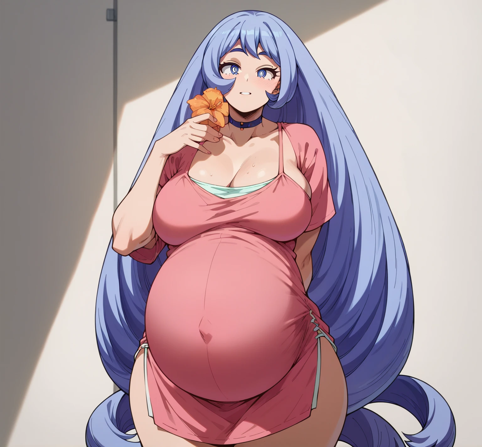 fat, Juvia, chubby, overweight, big belly, vert fat in the stomach area, fat belly, pregnant body, fat, eating ice-cream, table full of dessert