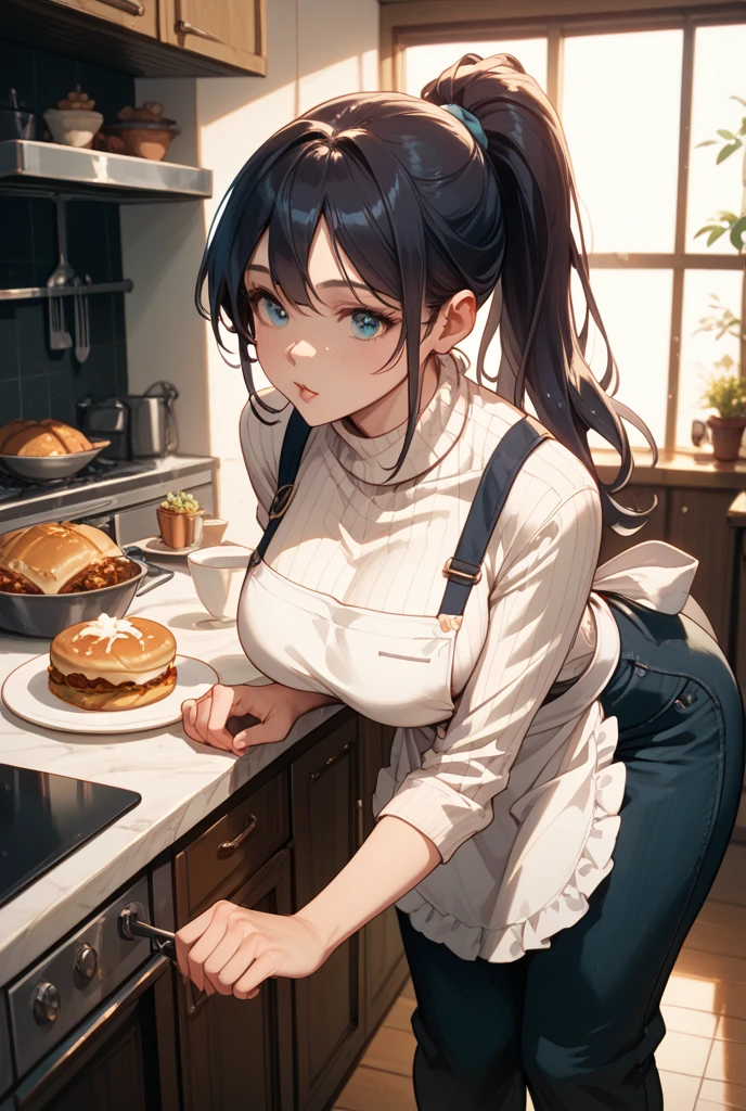 (dynamic angle:1.3, front view:1.1, breast focus:1.3, from above:1.1), (dynamic posing:1.2, sexy posing:1.2), (seductive smiling:1.3), ((looking at cake,Taking a cake out of the golden oven, worried about the outcome:1.2)),highest quality、(real、photorealistic:1.4),(ultra high resolution, 8K RAW photo, clear focus), best qualtiy, natural lighting, field depth, (Bright pupils, detailed beautiful eyes, high detailed face), Red lip, (tight focus:1.2), a girl 22yo old, Wearing a pastry chef uniform:1.3 , Thicc, thin breast, long hair, blue eyes,garter stocking, cleavage:1.2, midriff, black shorts, black thighhighs, thigh strap, pretty girl, (highly detailed beautiful face and eyes,firm breasts),real skin,((black,hair,long pony tail hair)),thin pubic hair,cute,lovely, detailed eyes,(double breasted:1.0,under bust:1.0),(with sparkling eyes and a contagious smile),open mouth, Looking at Viewer,A scene of cooking in the kitchen,looking at the golden oven