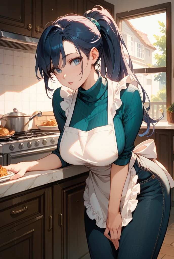 (masterpiece:1.2, best quality), (1lady, solo, upper body:1.2), clothing: apron Accessories: Hair Clip Hair: Dark blue shoulder-length short hair Makeup: natural, glowing skin, behavior: relaxed, carefree, free-spirited, smiling Location: kitchen, blue eyes, huge breasts,