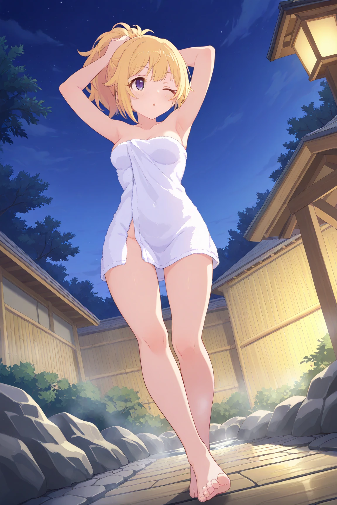 1 chica, by the chestnut, Brown eyes, bangs pulled back, pechos grandes, caderas y piernas hermosas y contorneadas, de espalda, squatting, pose sexy, ver de lado, pose de lado sensual, pose de perfil, orejas de animales, cola de animal, white lingerie, :3, presumido, al aire libre, cielo nocturno, luna, bamboo,
