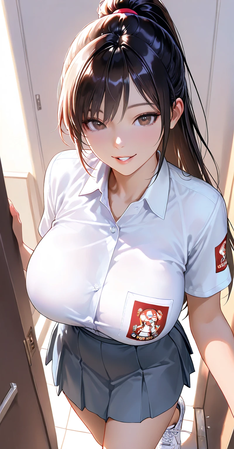 (((Adult female:1.3))),(((Change clothes in the changing room:1.3))),(((clothes on hangers:1.3))),(((Sailor suit))),(((Pleated skirt revealing skin))),(Dark red bow tie:1.3),Cute face,Extreme close up of face,Shiny light brown and orange striped short hair,Messy ponytail,Cute Smile,Perfect round face,iris,(hairpin、ponytail、Floating Hair、),Large Breasts.Professional Lighting,Cinematic Light,(Tabletop,highest quality,Ultra-high resolution output images,) ,(8K quality,),(Ocean Art 2.0 Mode:1.3),(Picture Mode Ultra HD,)