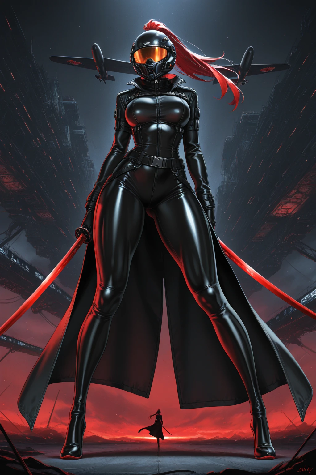 masterpiece, best quality, 8K, number, 1 girl, Solitary, stand up, youth, white hair, Long white hair, Hair accessories, Red Eyes, Round pupil, emotionless expression, Blood, Mechanical Parts, electric wire, cable, Failure Effect, Shocking, Science fiction, Futuristic, The background is darker inside, Neon, cyberpunk characters, Surrealism, Strange, Disturbing, spine-chilling, Shocking, One-piece Pants,Red Eyes,Venom,nigrescence,Long black gloves,One-piece Pants,Tight latex jumpsuit,Highlight her graceful figure,wrap the whole body,Symbiote,((Sexy highlighted)),One-piece Pants,Red Eyes,Venom,nigrescence,Long black gloves,One-piece Pants,Black latex clothing,Blood-Red Eyes,best quality, high resolution, Super detailed, Vivid texture, mask, Tight latex jumpsuit, Bangs,Purple Hair, blue eyes