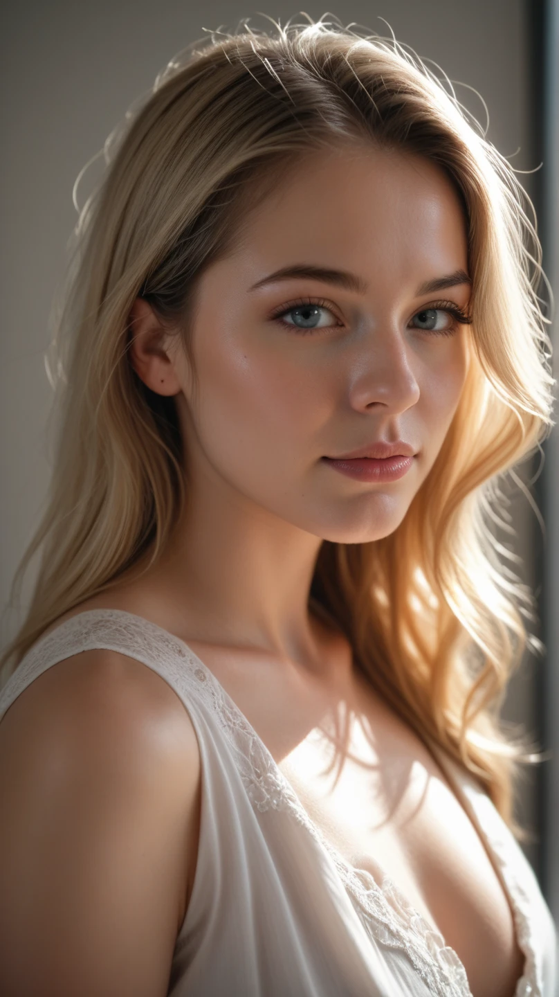 I want to create a beautiful woman, with the following characteristics: blonde, long natural hair. Brazilian, white with Scandinavian descent. blue colored eyes, like the morning sky. perfect smile, offwhite. Small, slightly upturned nose. blonde eyebrows. Your expressions should always convey the image of a happy and seductive woman., and much loved by all who encounter them. She is 170cm tall. Your circumferences are Bust 85, chest 80cm, waist 75, hip 99. Her legs are thick and her butt is big. She weighs 72kg. Her breasts are pear shaped., natural and hard. Despite the measures, she doesn&#39;t have an athletic body. Your body has no piercings or tattoos, no hair. She is wearing a very small bikini, floss type, dug. She also wears a discreet gold necklace with a diamond pendant., in the shape of a heart approximately 1 cm. A discret gold bracelet on the right arm. It&#39;s on the balcony of a luxurious hotel room, facing the beach. photo of coasts, fully body, looking at the photo.