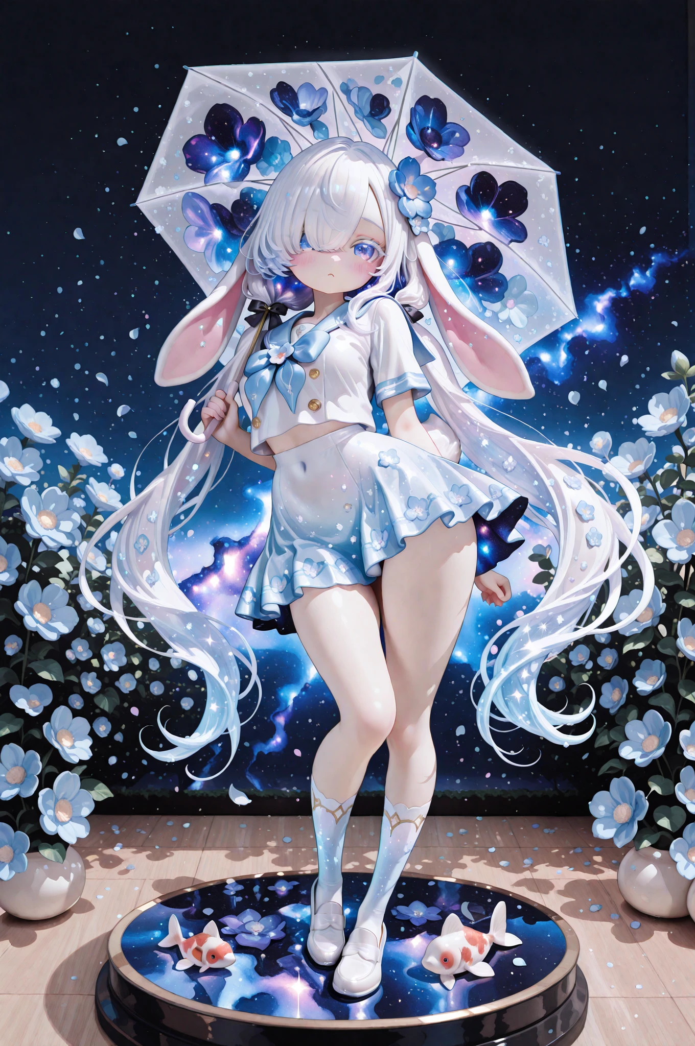 splatoon style,cute girl,white long Hair,shiny delta forehead,Bangs parted in middle of forehead,blue eyes,white battle suit,baby face,Macaron-shaped headgear,open mouth smile,thigh gap,