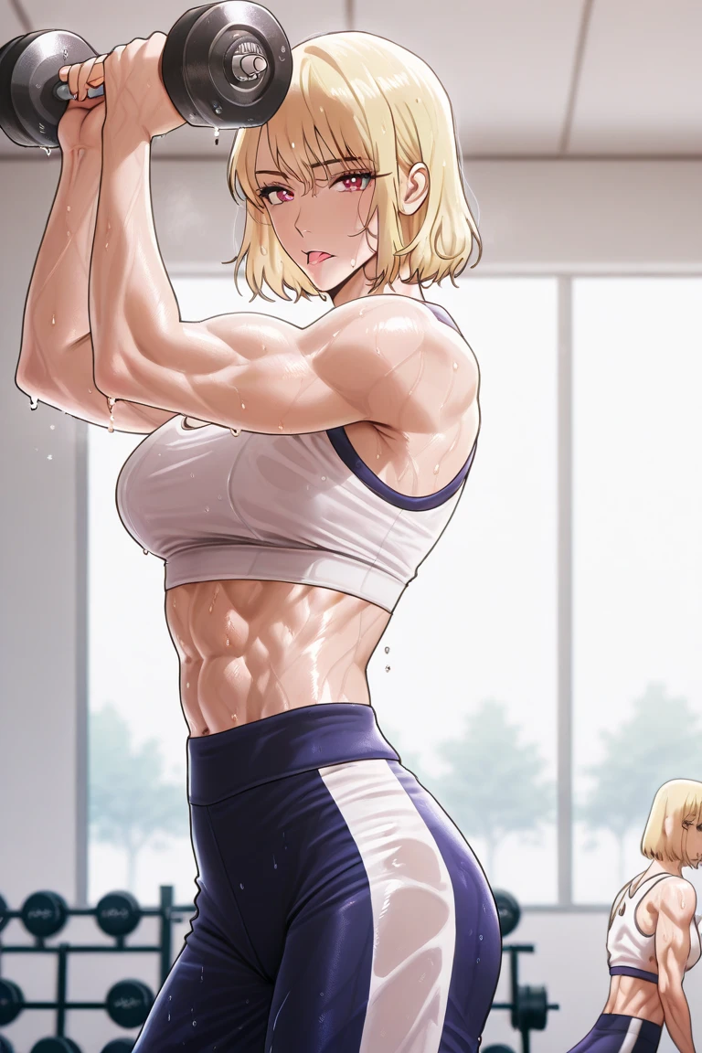 A beautiful blonde barefoot woman, with short wavy hair, wearing a black blindfold, a black sportsbra and sportsshorts, standing in a fist fighting pose, looking happy.