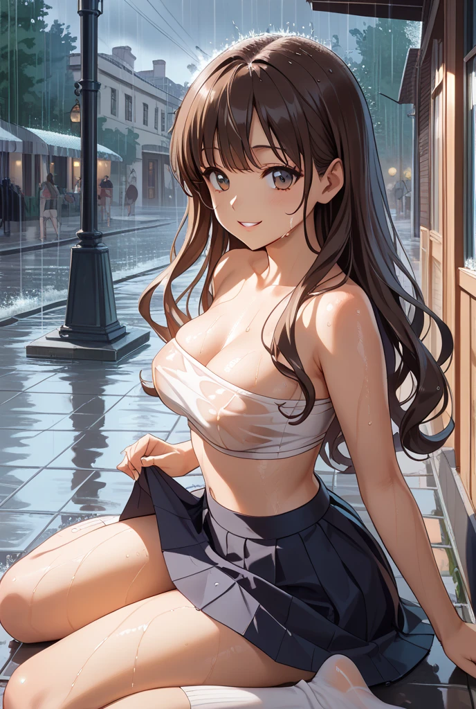 ((table top, highest quality, High resolution, perfect pixel,  4K)), (((((I'm having sex in、I'm having sex with a guy、being raped、being forcibly raped by a man)))))、1 girl, beautiful woman、I could see the whole body、((middle wavy hair, bangs, brown hair)), ((brown eyes, beautiful eyelashes, realistic eyes)), ((detailed face, blush:1.2)), ((smooth texture:0.75, realistic texture:0.65, realistic:1.1, Anime CG style)), medium breasts, dynamic angle, perfect body, ((topless, nipple, black skirt, plaid skirt))、Very embarrassing panic smile、looked back、leaning forward、((The wind flipped my skirt and exposed my butt.、Touching the buttocks with both hands、no panties、Pussy))、love juice、semen
