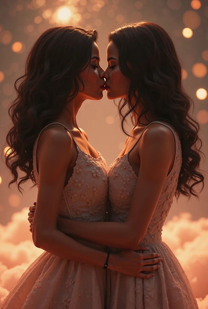 two girl kissing, see her ass,(bright lighting,romantic setting),dreamy background,bondage,dark hair, mesmerizing gaze, , soft skin, alluring beauty, artistic portrait, high-quality image, vibrant colors,translucent silk wedding dress, mosquito net,