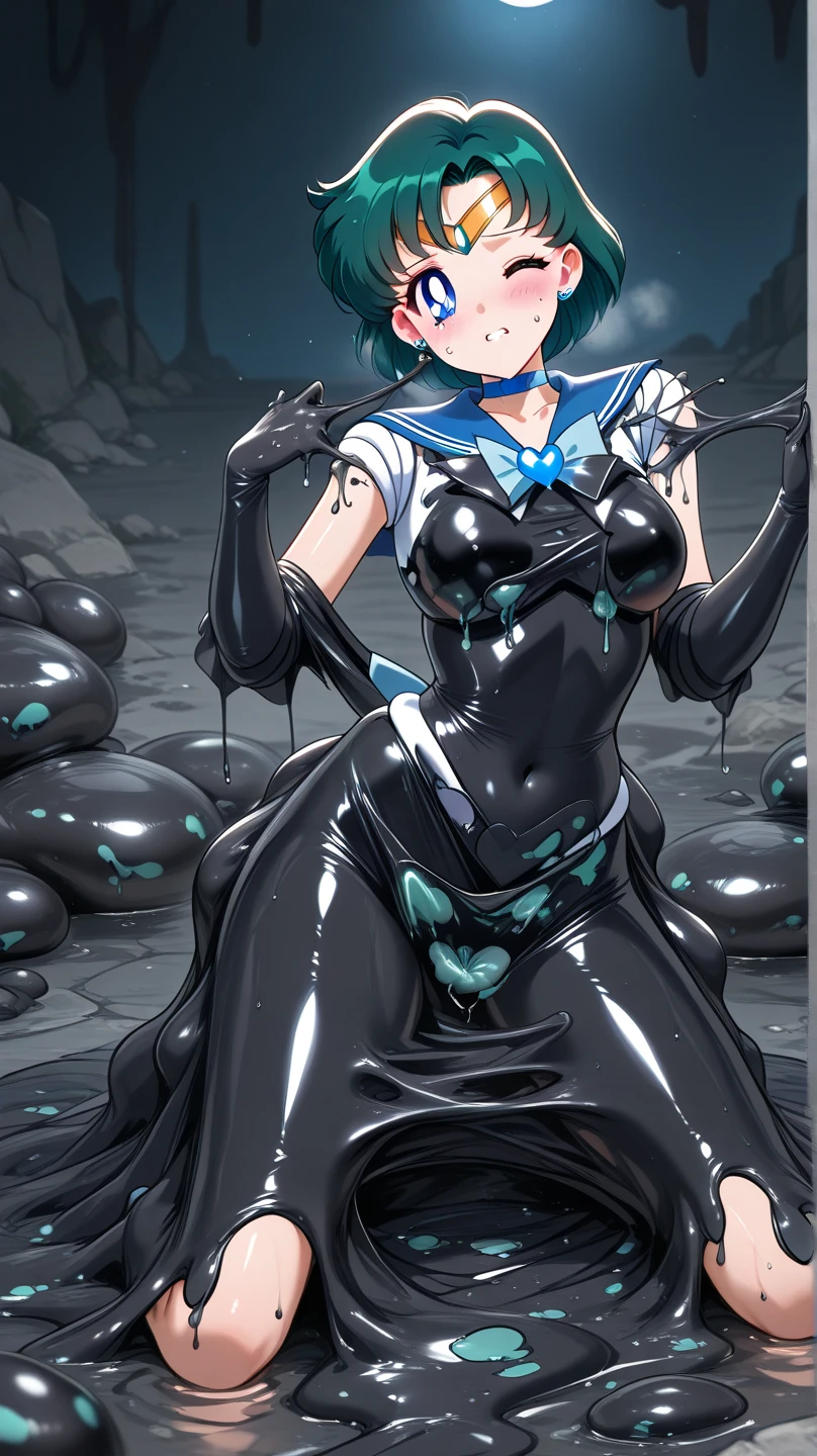 Highest quality, (masterpiece:1.2), Very detailed,
One Girl, alone,
View your audience, Naughty smile, Transparent nipples、
blush, Blue Hair:1.4, short hair、Perm Hair((pantyhose))、A space divided by a grid、((Slime disguised as Sailor Mercury))、((Long gloves))、(Green slime leotard:1.5)、boots、(Spread your legs)、Mucus covering the groin