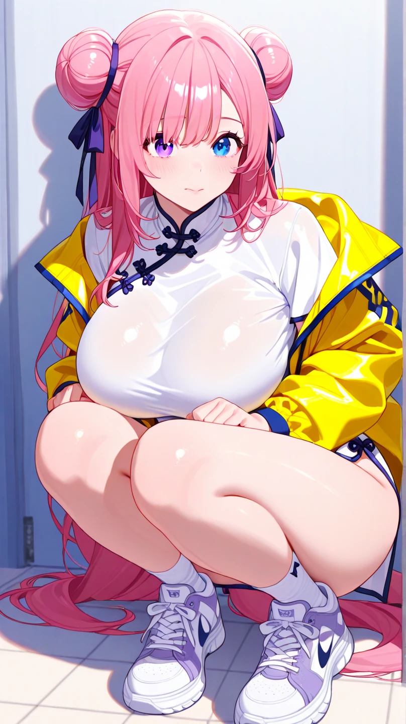 masterpiece, best quality, ultra-detailed, extremely detailed,illustration, 1girl, solo, gahamama, single hair bun, pink bodysuit,shrug \(clothing\), long sleeves, pink gloves, sneakers, white socks, white footwear, cameltoe, large breasts, thick thighs, smile, closed mouth, squatting, holding weapon, gun, rifle, smile, night, ruins, debris, outdoors, cowboy shot, <lora:gahamama_v1:0.8> <lora:AliceShrugClothingPinkBodysuitV2:0.8>