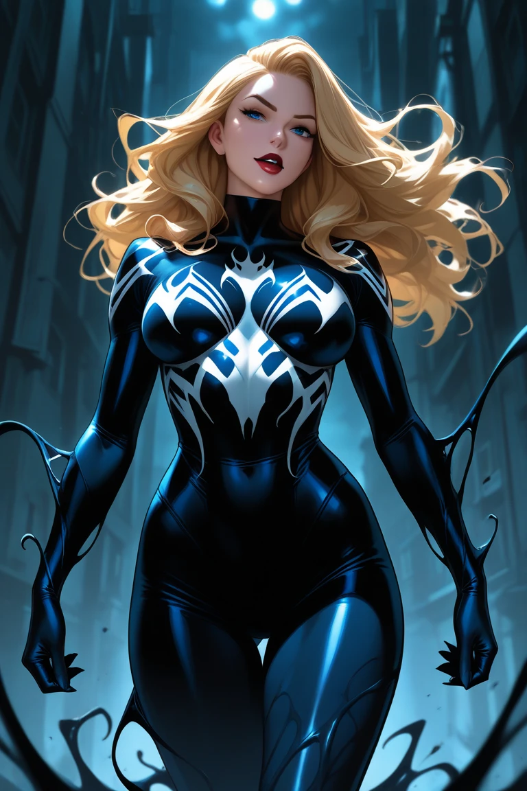 4K，realisticlying，Glamorous，The  very detailed，There  a girl in Dingcheng，Blonde hair，Wearing a black Spider-Man costume，（Black and white：1.4） the night,symbiote，venomize，a large amount of mucus,she  a spiderman，Black superhero theme，In front of the sky，Flushed complexion，( Open legs， camel-toe，， Vulvar shape：1.3）,(GGCameltoe:1.3)Legs apart，25 age old，full bodyesbian