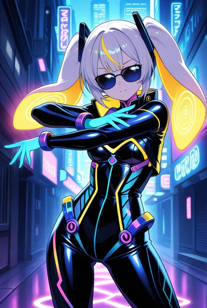 STICKER ON A WHITE BACKGROUND. green holographic silhouette, knee socks. I'm standing in a room with holograms. anime waifu. Stylish. Cute, hot, shiny. Highly detailed uhd anime wallpaper, cel digital animation ,neon photography style,ct-jeniiii,noir