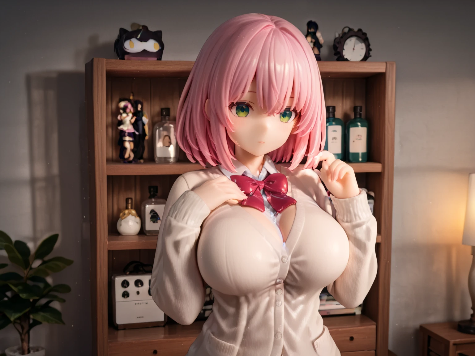 Busty, thick, upperbody, white bikini, very huge tits, busty, half body, akane, light purple hair, pink eyes, short hair, at pool, random pose, smile, open mouth, close up face