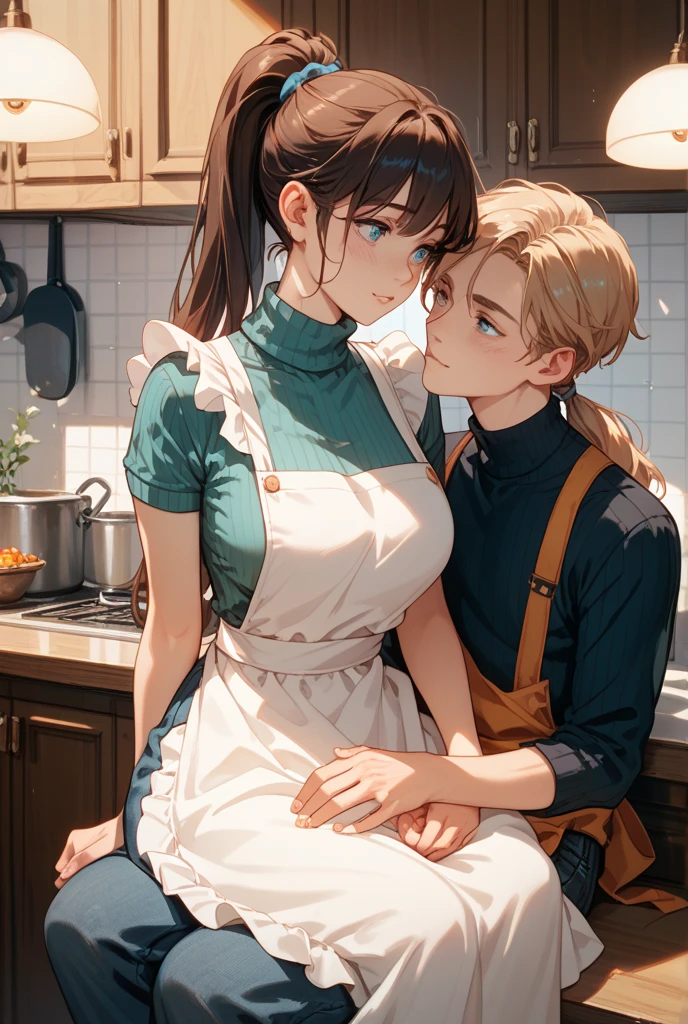 score_9, score_8_up, score_7_up, 1boy, 1girl, (mature female dressed as a waitress), mother and son, kid in casual clothes, hug, kiss, hand on head, kneeling, in a room