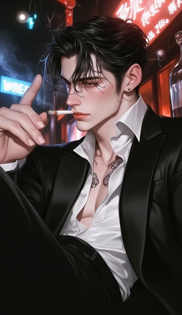 a handsome young man, 20 years old, smoking a cigar, elaborate tattoos covering his arms, dramatic lighting, cinematic portrait, chiaroscuro, moody atmosphere, dramatic shadows, high contrast, cinematic lighting, gritty realism, photorealistic, hyper detailed, masterpiece, 8k, best quality