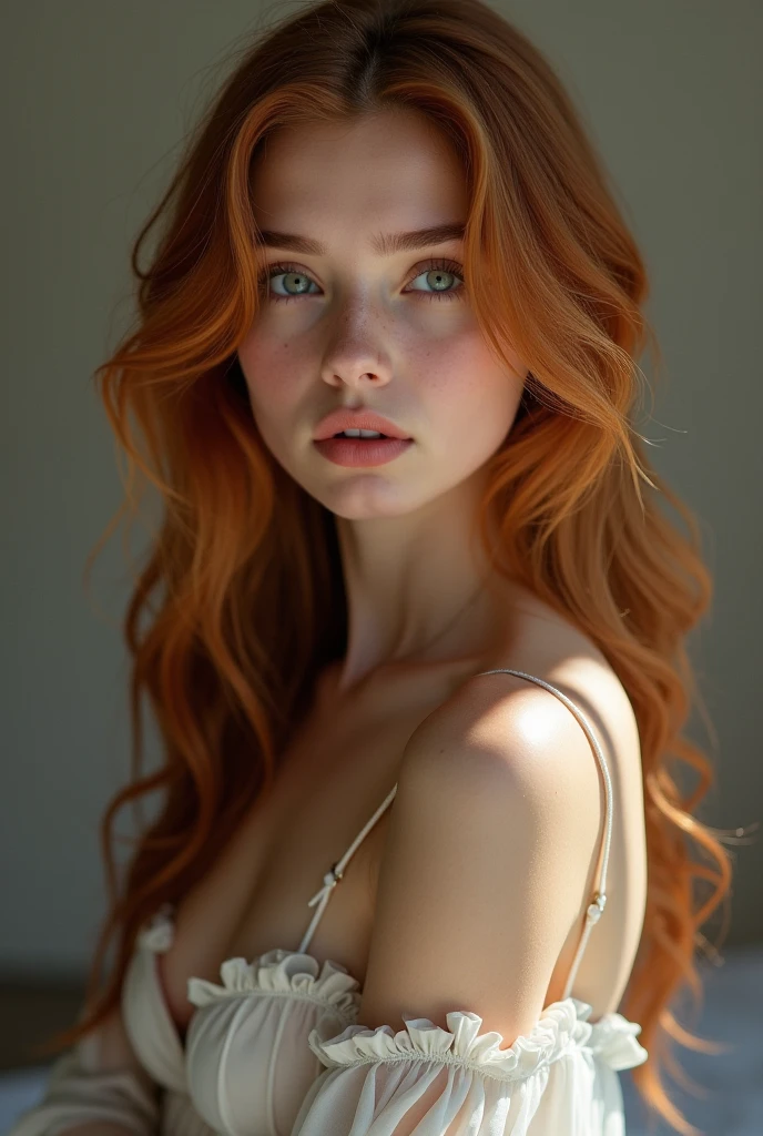 (full body shot:1) photorealistic image of a woman, ultrarealistic, photography, long red hair, woman, 24 years old, hourglass figure, perfect body, Flirty look, natural medium breasts, she is wearing a white Bandeau Bra