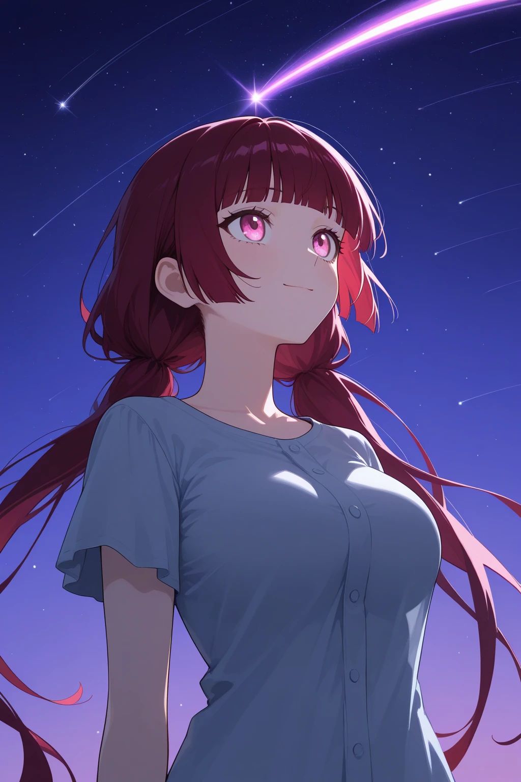 4k, fine detail, masterpiece, high quality eyes, high detail painting, soft shadows, best character art , 1girl, aurora, bangs, black choker, breasts, choker, galaxy, gloves, hair between eyes, jacket, jewelry, large breasts, light particles, long hair, long sleeves, looking at viewer, milky way, night, night sky, red eyes, purple eyes, red hair, shooting star, sidelocks, sky, solo, space, star \(sky\), starry background, starry sky, sunglasses, upper body